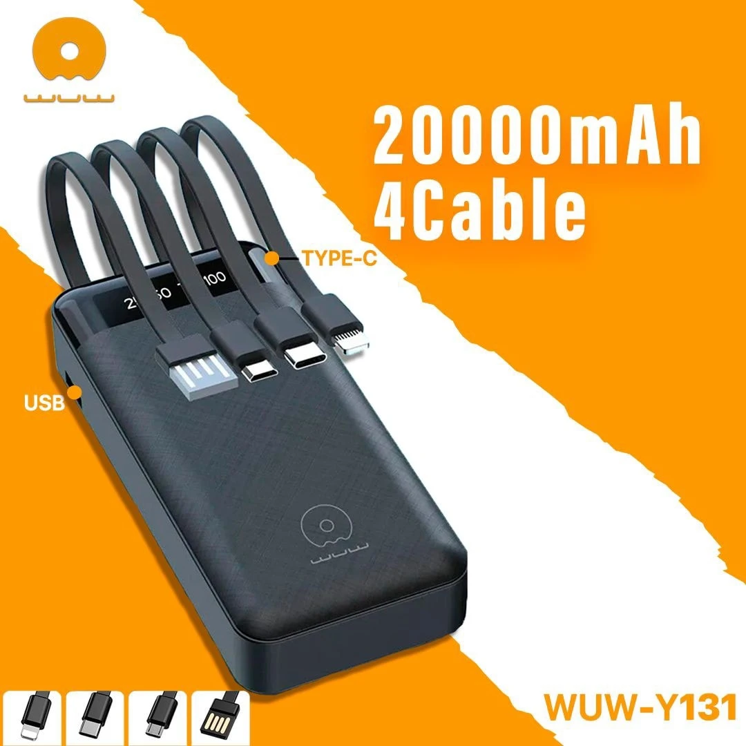 WUW-Y131 20000mAh Fast Charging Portable Power Bank with 4 Built-in Cables (Black)