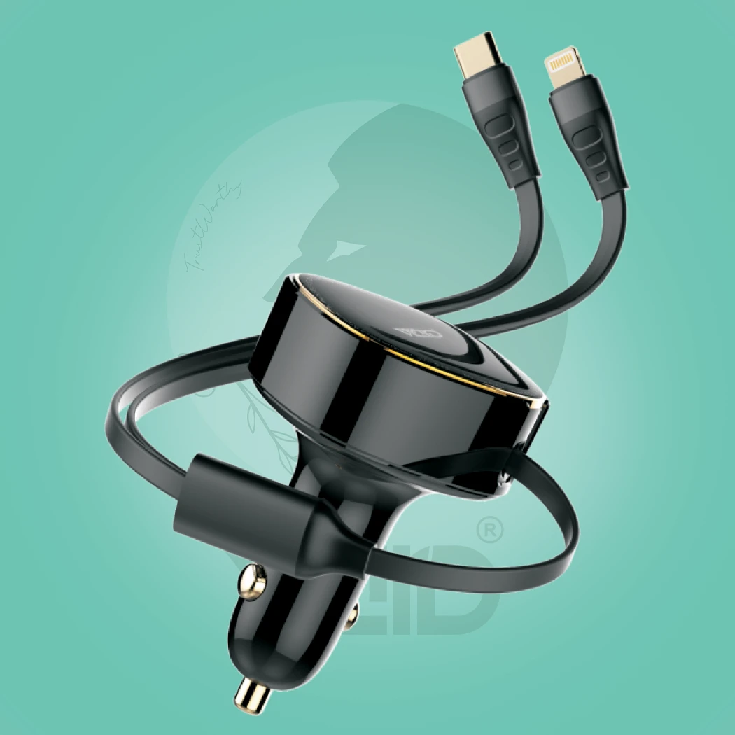 Ward WD-C11 30W High Power Car Charger with Built-in Type-C & Lightning Cables